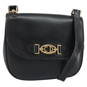 Authentic Christian Dior Shoulder Bag Leather Black Gold